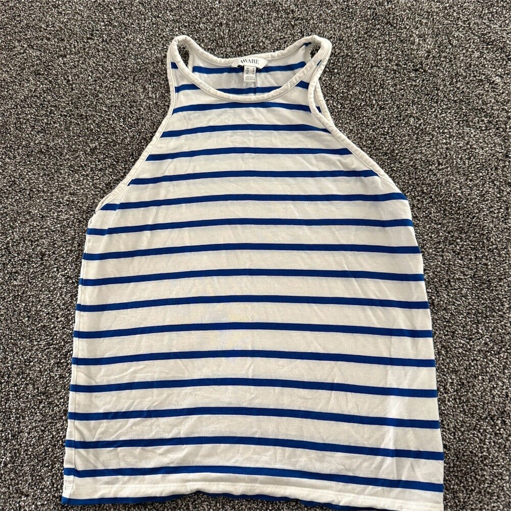 Aware Tank Top Womens Size S White Blue Striped High Neck